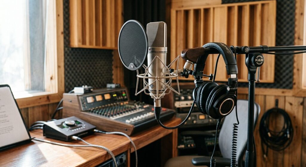 Professionel optagelsesteknik med mikrofon og popfilter der sikrer klart lyd uden bogstavelser