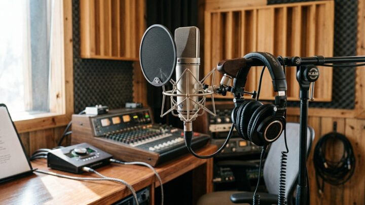 Professionel optagelsesteknik med mikrofon og popfilter der sikrer klart lyd uden bogstavelser