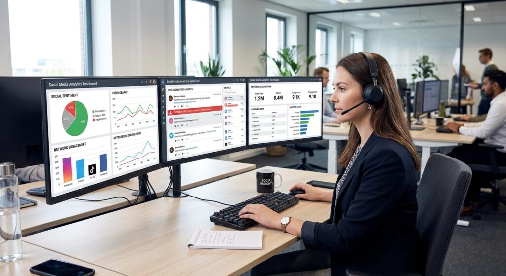 Dashboard til overvågning af sociale medier viser real-time advarsler og engagement-metriker på computerudstyr