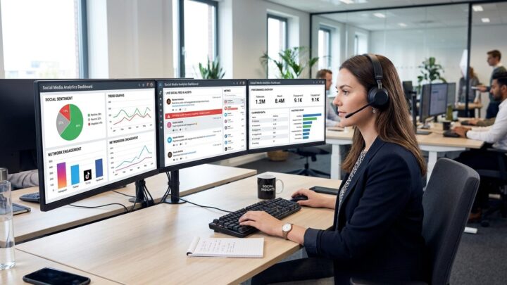 Dashboard til overvågning af sociale medier viser real-time advarsler og engagement-metriker på computerudstyr