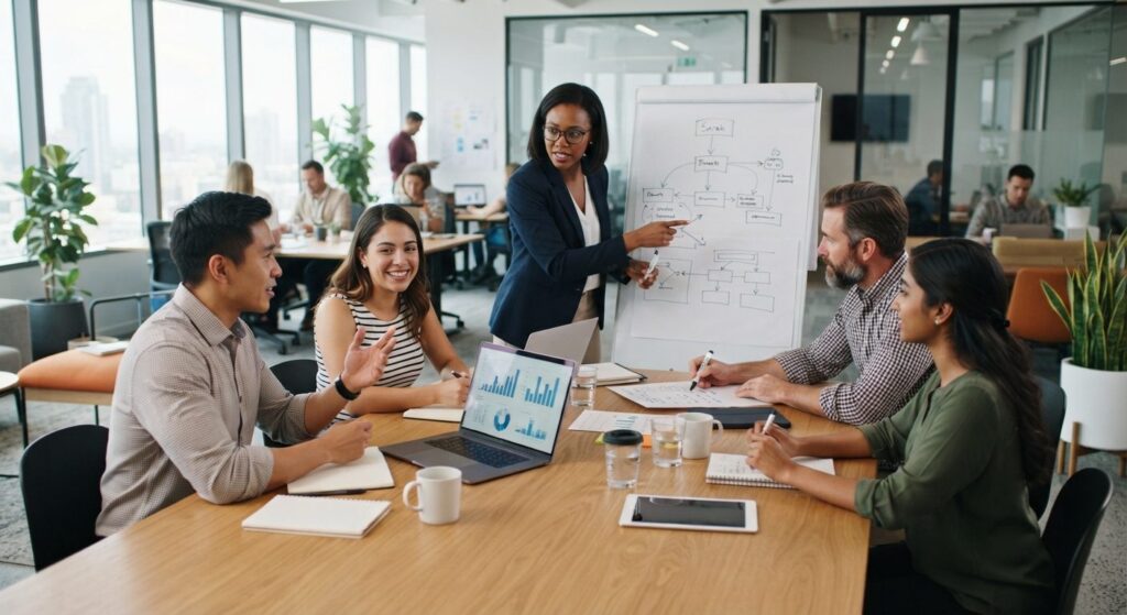 Marketingteam planlægger mediestrategi ved mødebord med data og grafer
