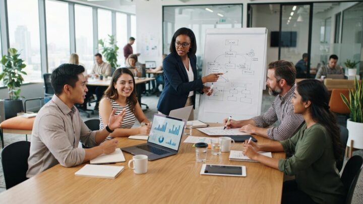 Marketingteam planlægger mediestrategi ved mødebord med data og grafer