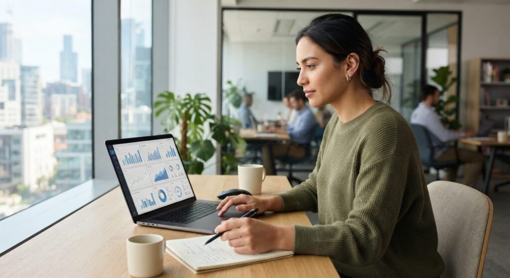 Marketingmedarbejder analyserer instagram strategi b2b på laptop i kontormiljø