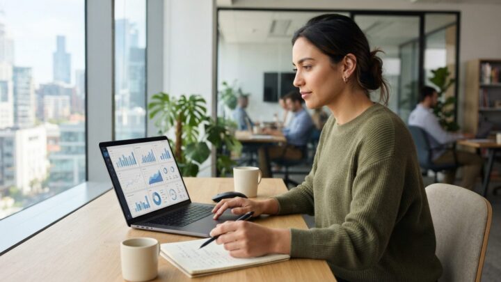 Marketingmedarbejder analyserer instagram strategi b2b på laptop i kontormiljø