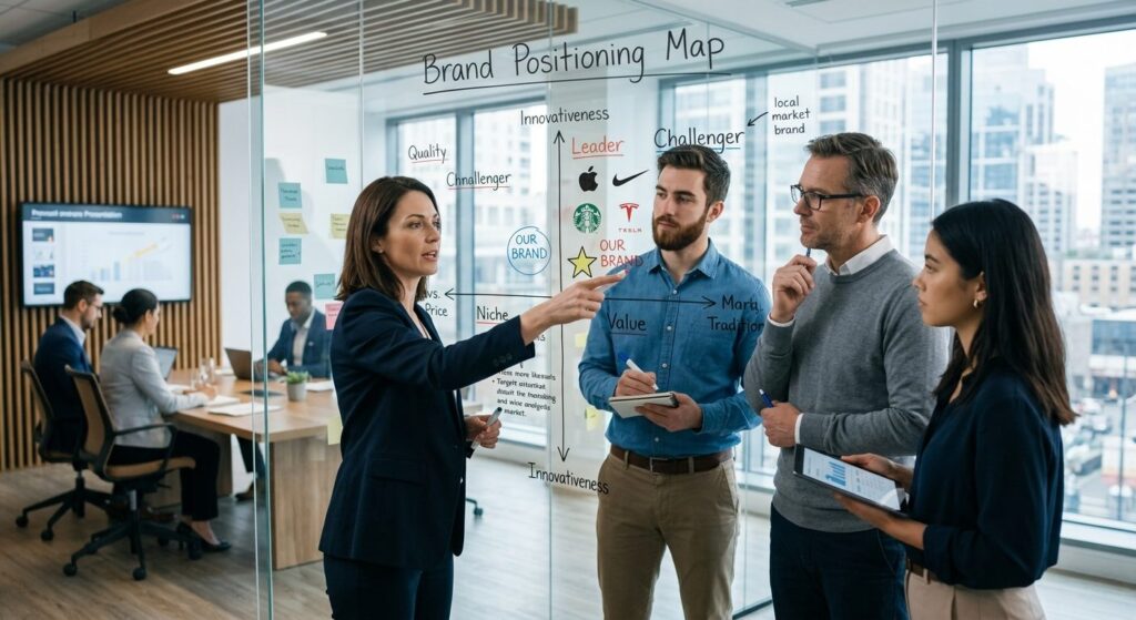 Marketingteam arbejder med positioneringskort på whiteboard i mødelokale