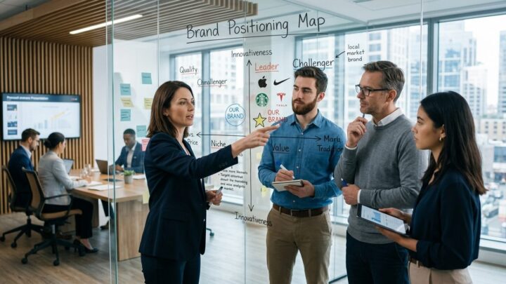 Marketingteam arbejder med positioneringskort på whiteboard i mødelokale