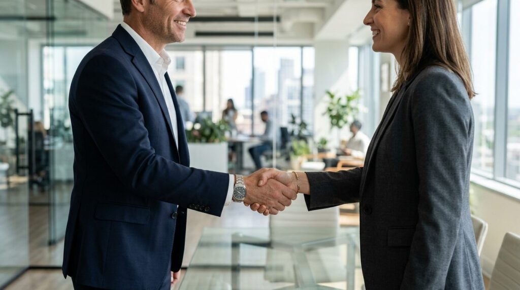 Close-up of business professionals shaking hands in a bright