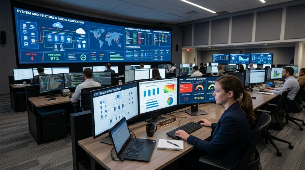 Wide angle view of IT operations center with multiple monito