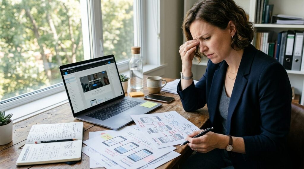 Close-up of frustrated business professional reviewing websi