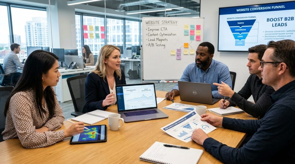 B2B marketing team in contemporary office meeting room discu