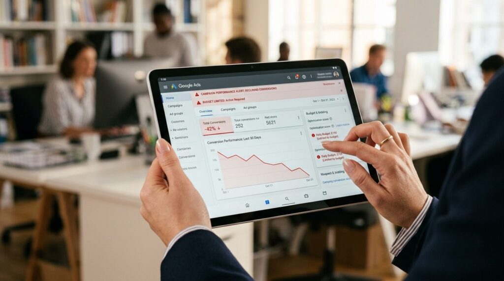 Close-up of hands holding a tablet showing Google Ads interf