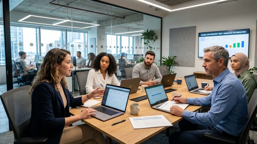 Digital marketing team in modern corporate office collaborat