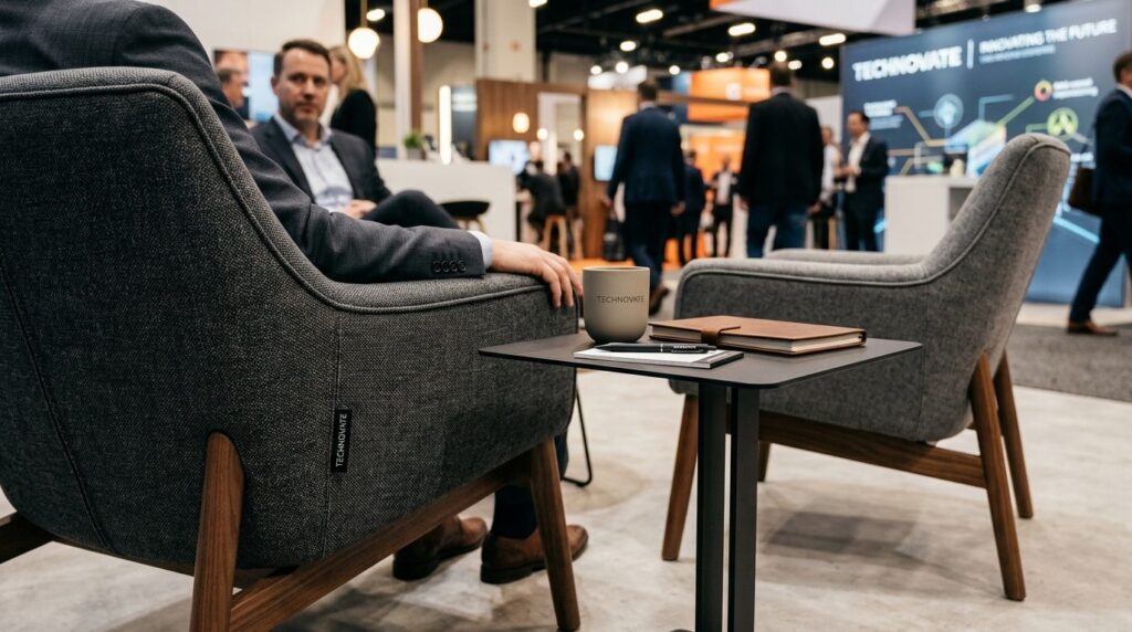 Close-up detail shot of premium branded booth furniture show