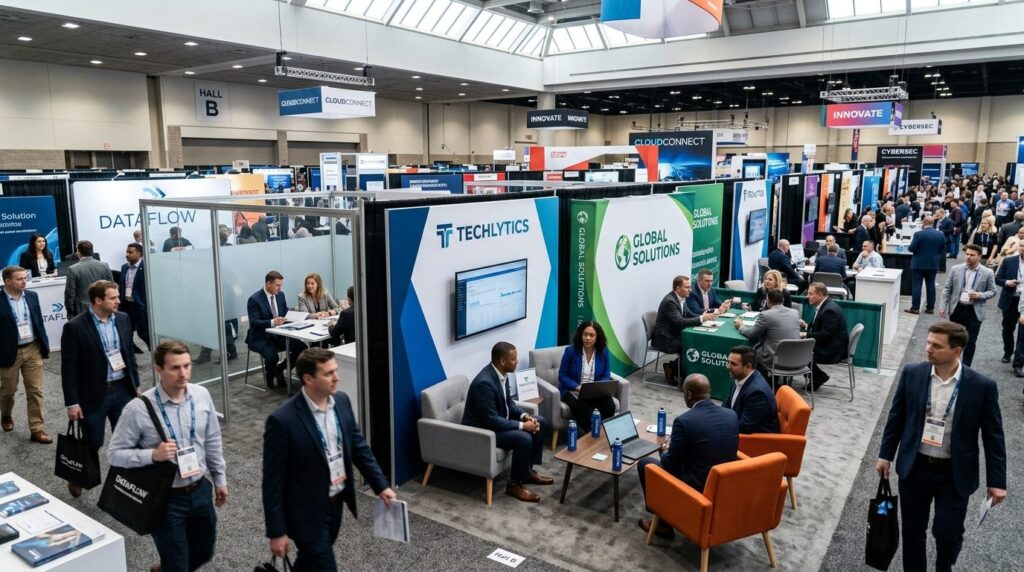 Wide-angle photograph of busy trade show floor with multiple