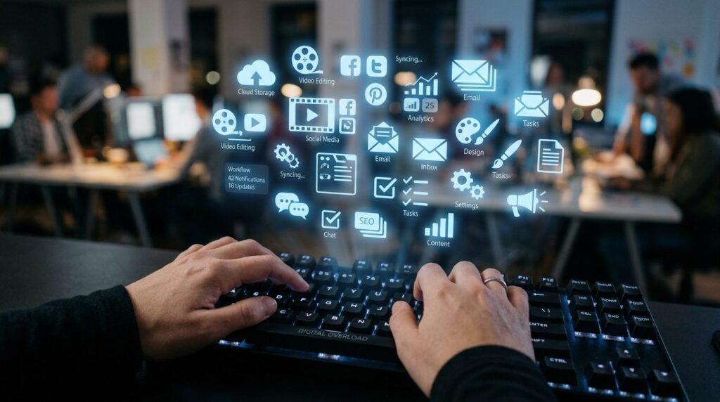 Close-up photorealistic shot of hands typing on keyboard wit