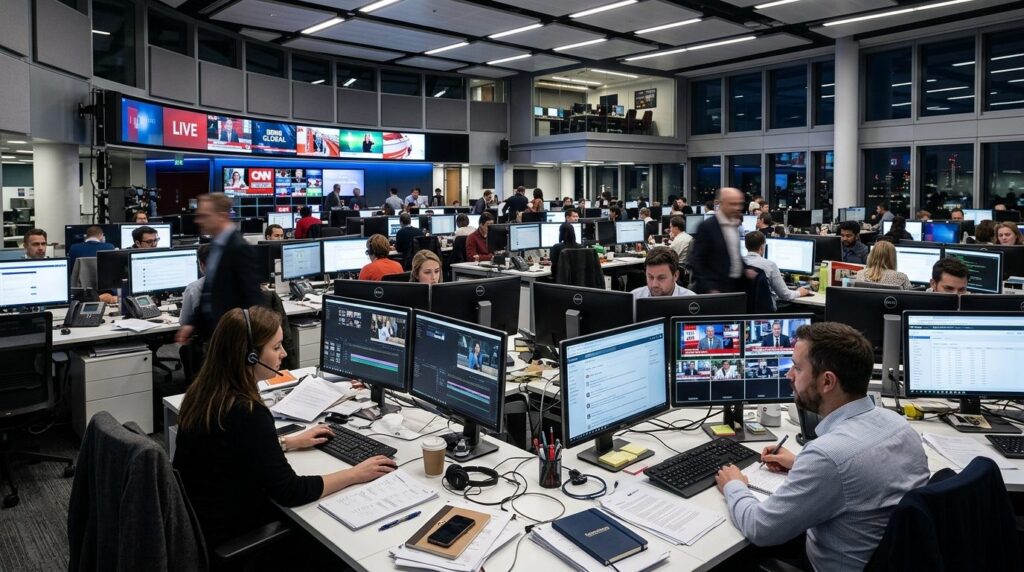 Wide angle photorealistic image of a modern media newsroom w