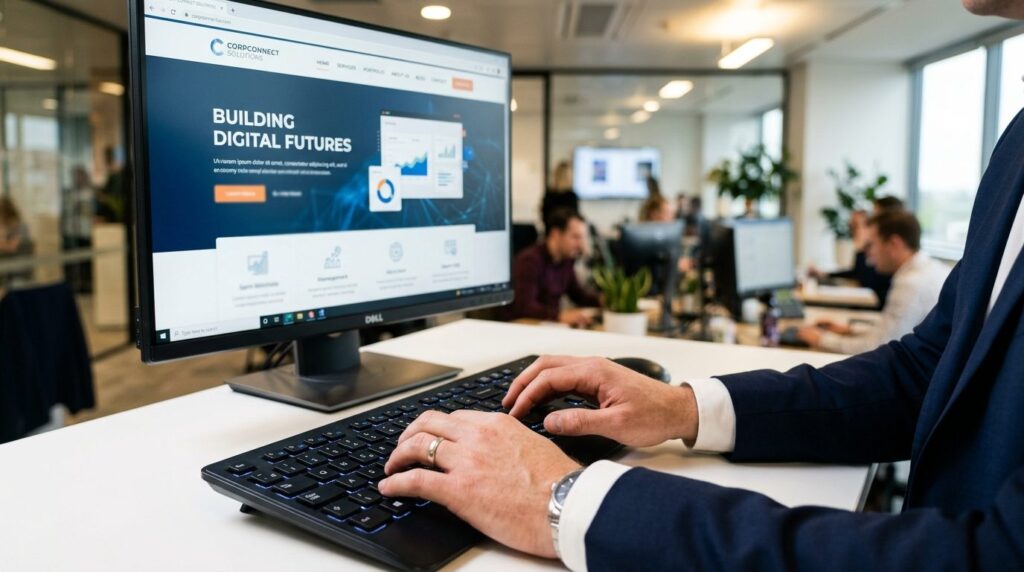 Close-up of businessmans hands typing on keyboard while web