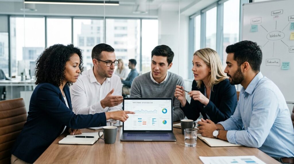 Team of marketing professionals in business meeting discussi
