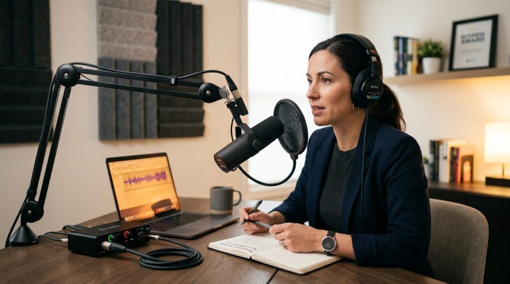 Business professional recording a podcast or voiceover in a