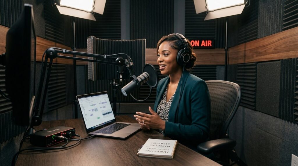 Digital marketing content creator in a professional recordin