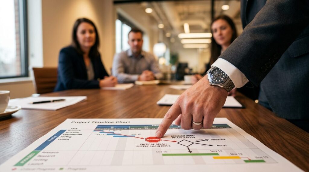 Close-up of business leaders hand pointing at project timel