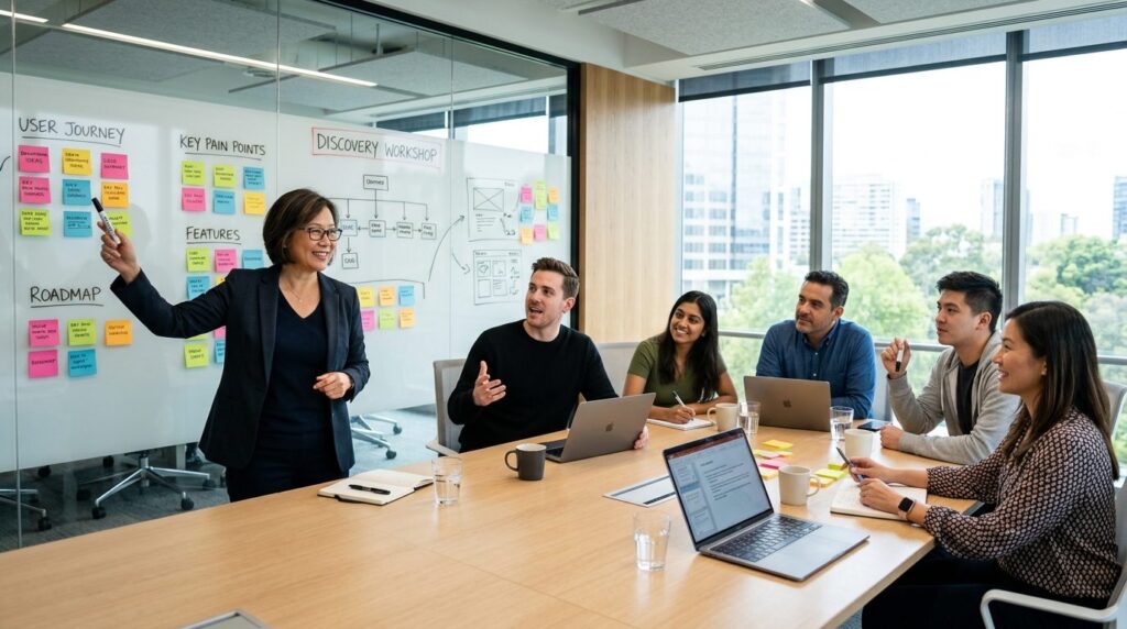 Senior manager conducting discovery workshop with cross-func