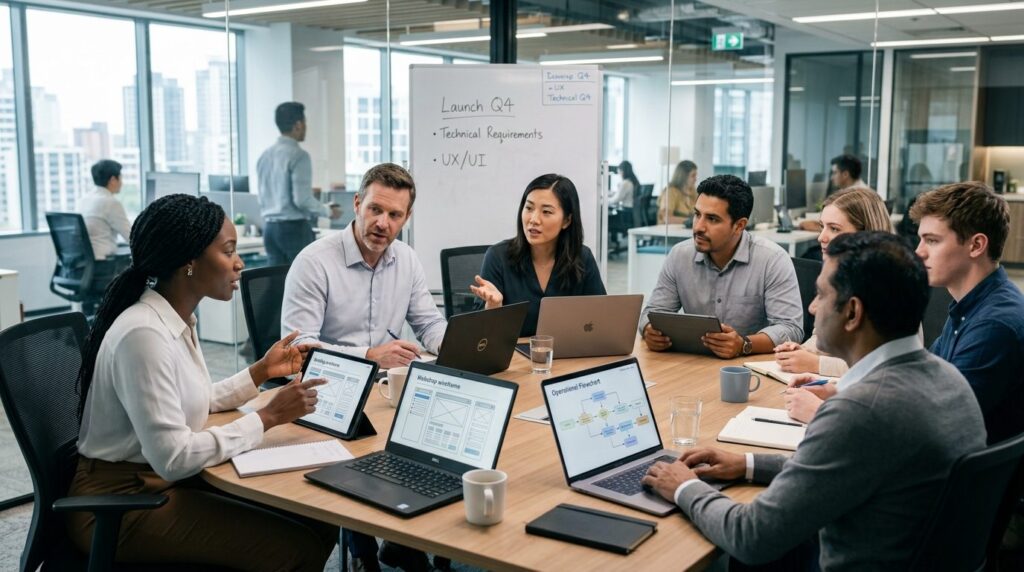 Professional stock photograph, 16:9 ratio, diverse business 