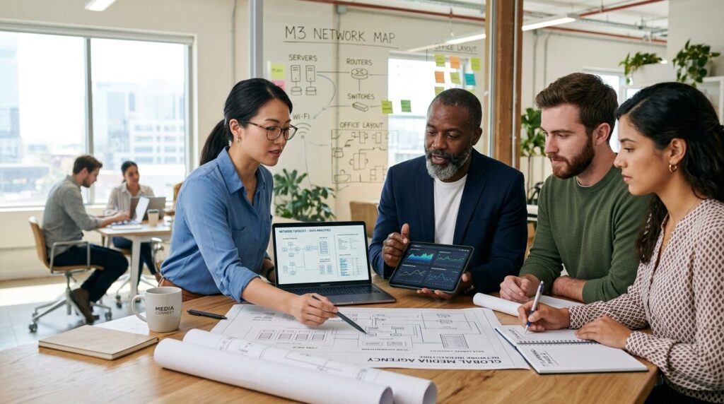 Close-up of business team in modern media agency office revi