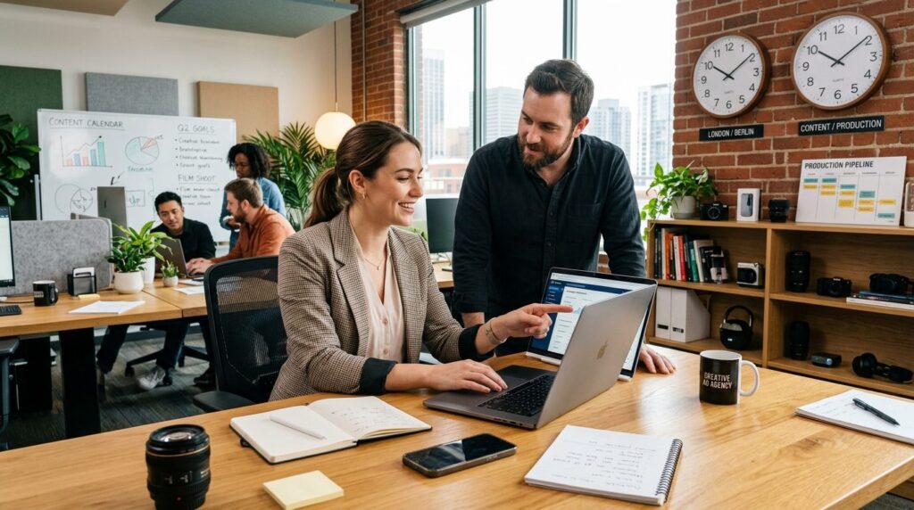 Content creator and digital marketer in modern agency worksp