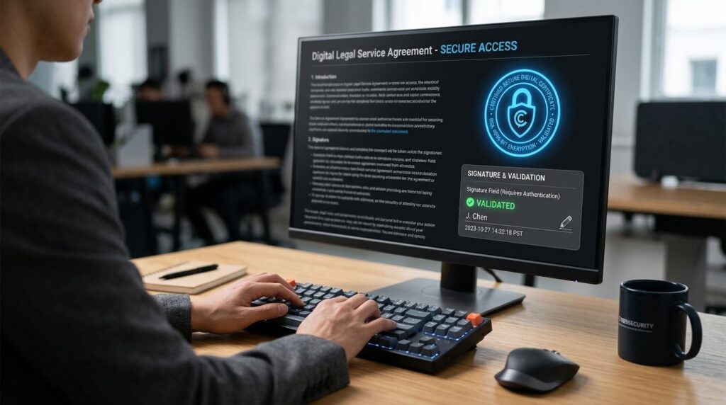 Digital legal document on computer monitor with glowing blue