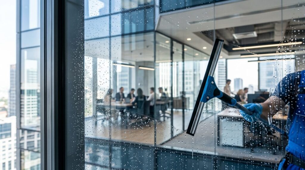 Close-up of pristine cleaned commercial window with water dr