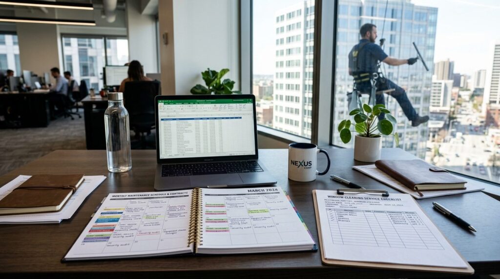 Scheduled maintenance calendar on office desk with window cl