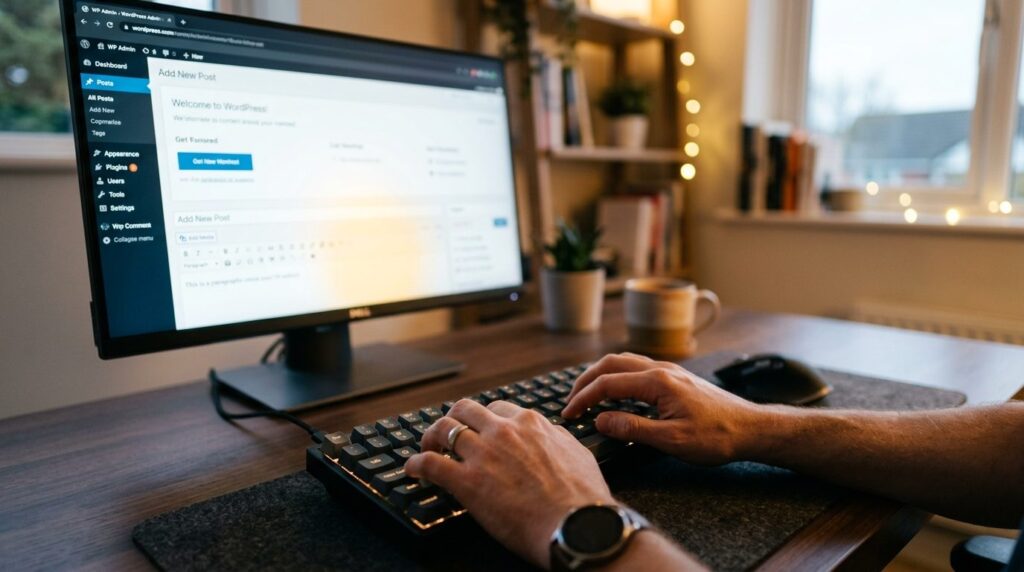 Close-up of hands typing on keyboard with WordPress admin pa