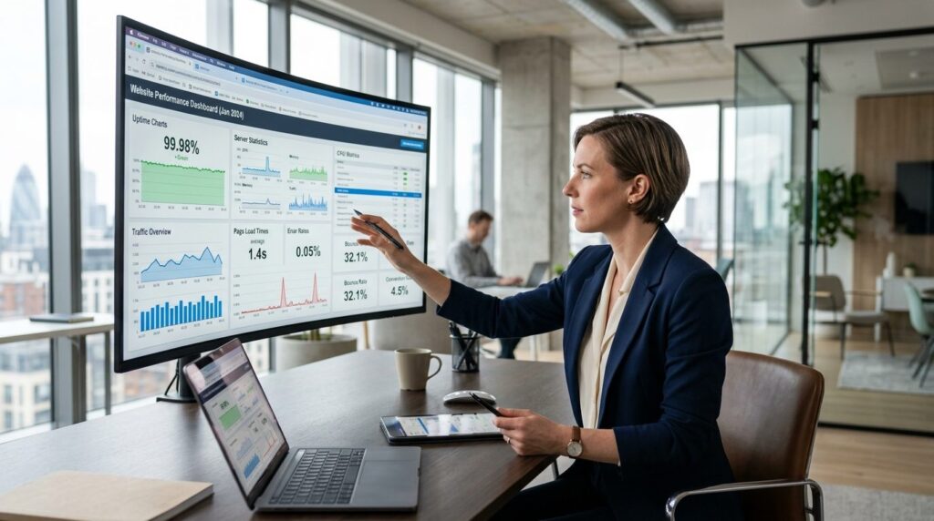 Marketing director reviewing website performance metrics on 