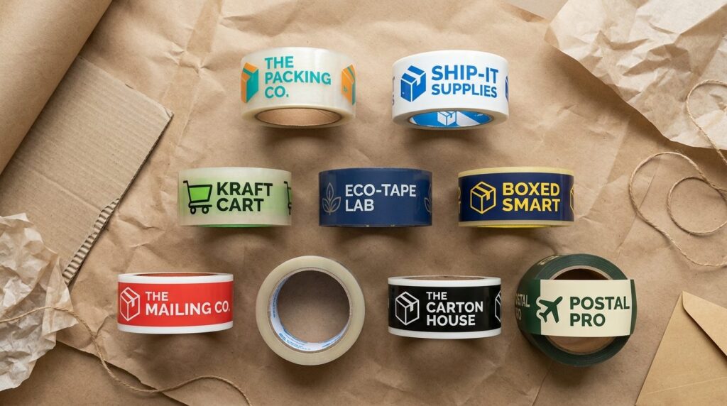 Flat lay overhead shot of multiple branded packing tape roll
