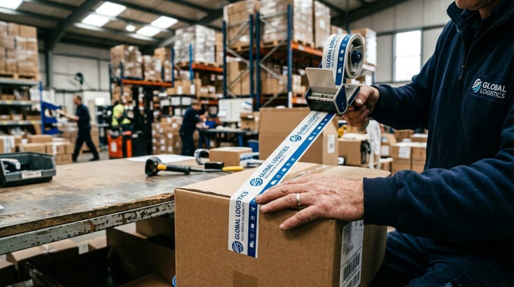 Hands carefully wrapping a cardboard box with custom branded