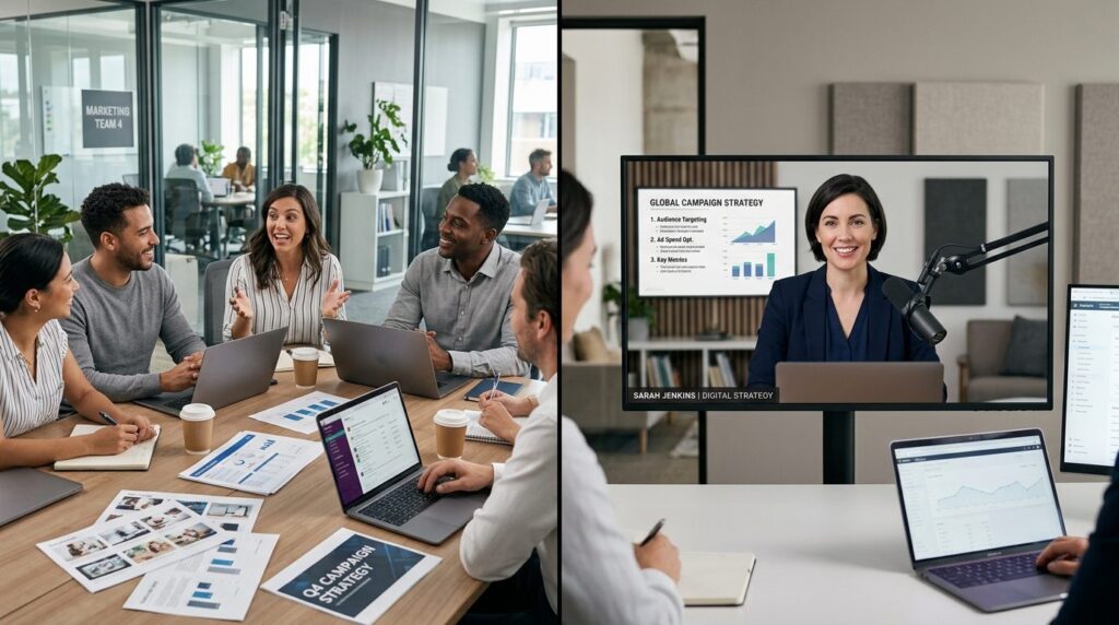 Split-screen concept: left side shows a collaborative in-hou