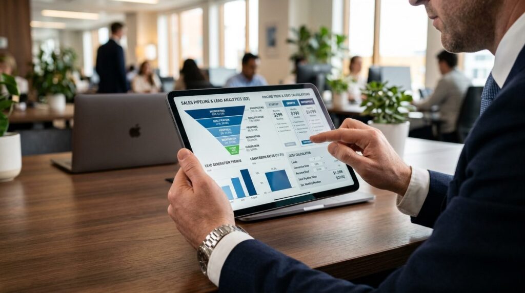 Close-up of businessmans hands holding tablet displaying sa