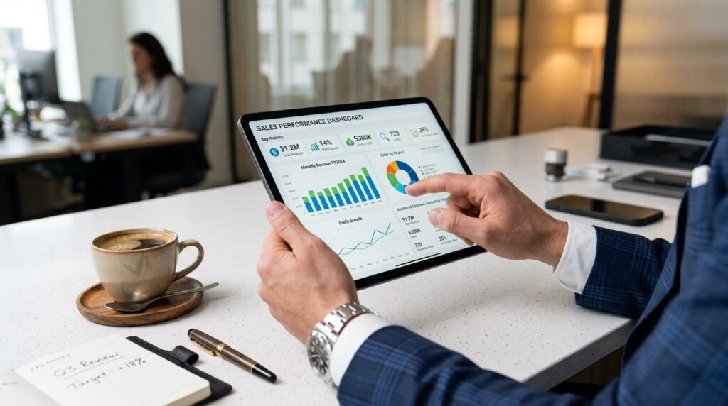 Close-up of businessmans hands holding tablet showing sales