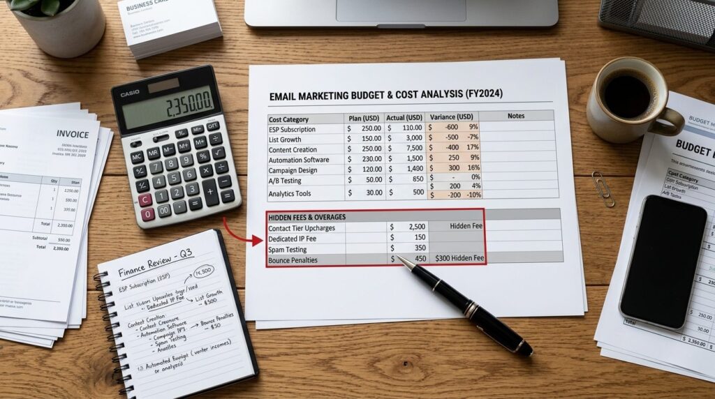 Flat lay of financial documents and calculator on desk, spre