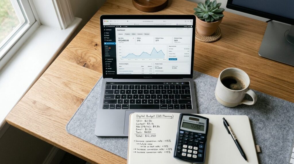 Close-up overhead shot of a digital strategists workspace w