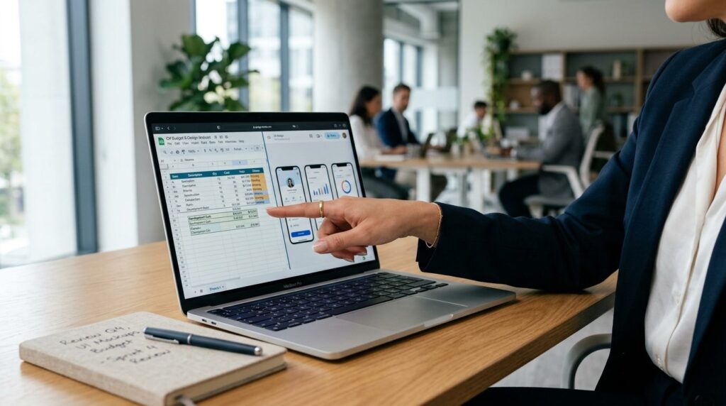 Close-up of a businesswomans hand pointing at a laptop scre