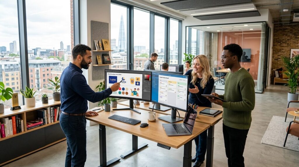 Wide shot of three professionals in a modern creative agency