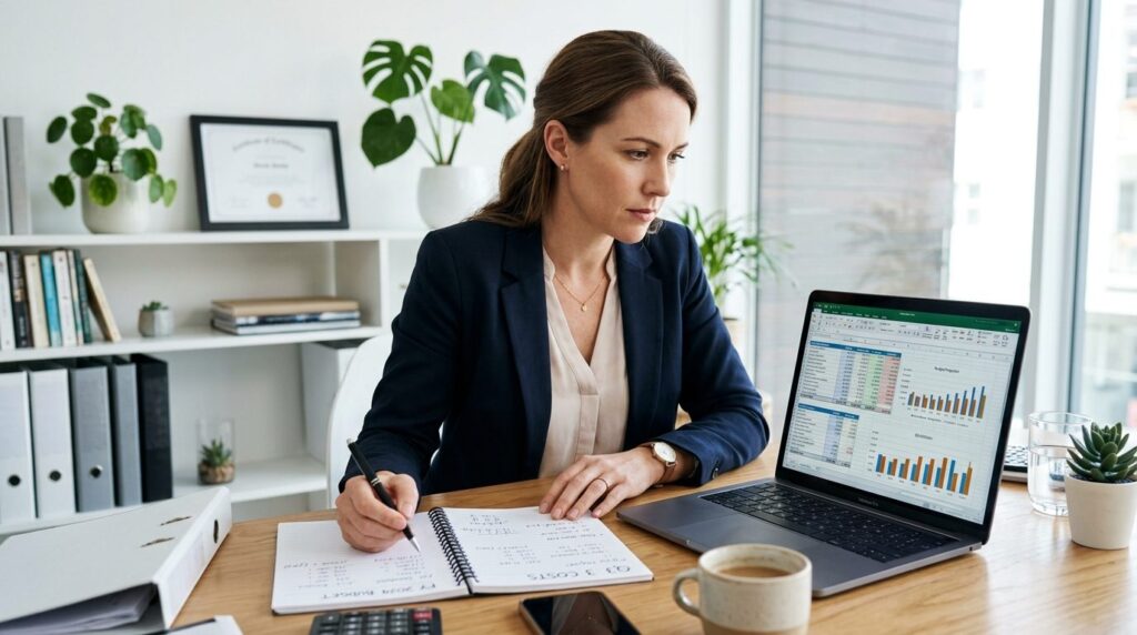 Close-up of business owner analyzing accounting costs and bu