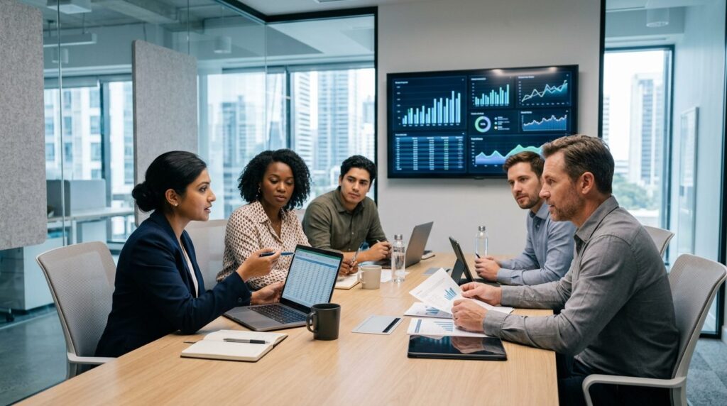 Media agency team discussing financial planning and accounti