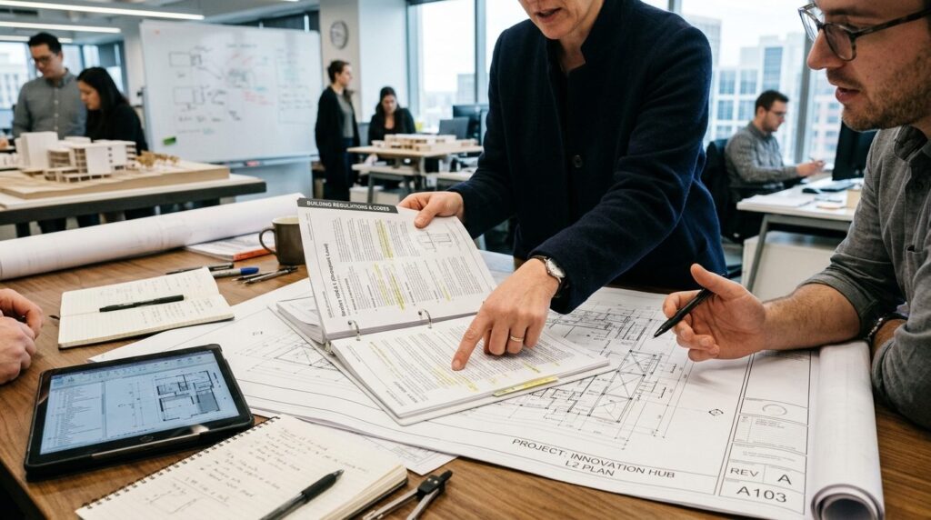 Close-up of architects hands pointing at building codes and