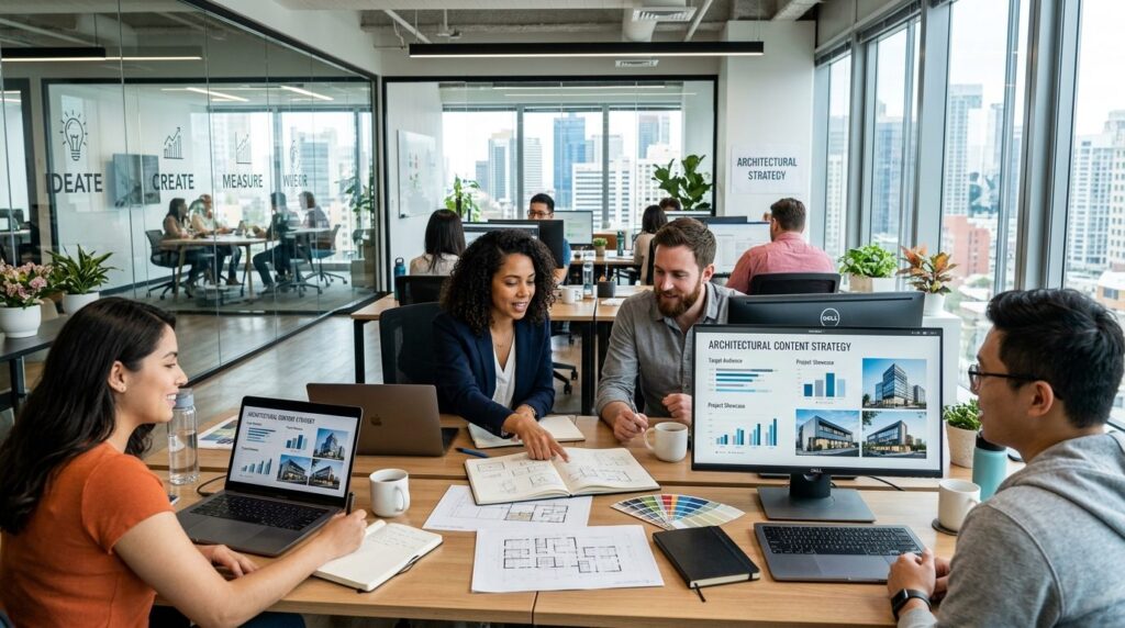 Digital marketing team in creative agency office reviewing a