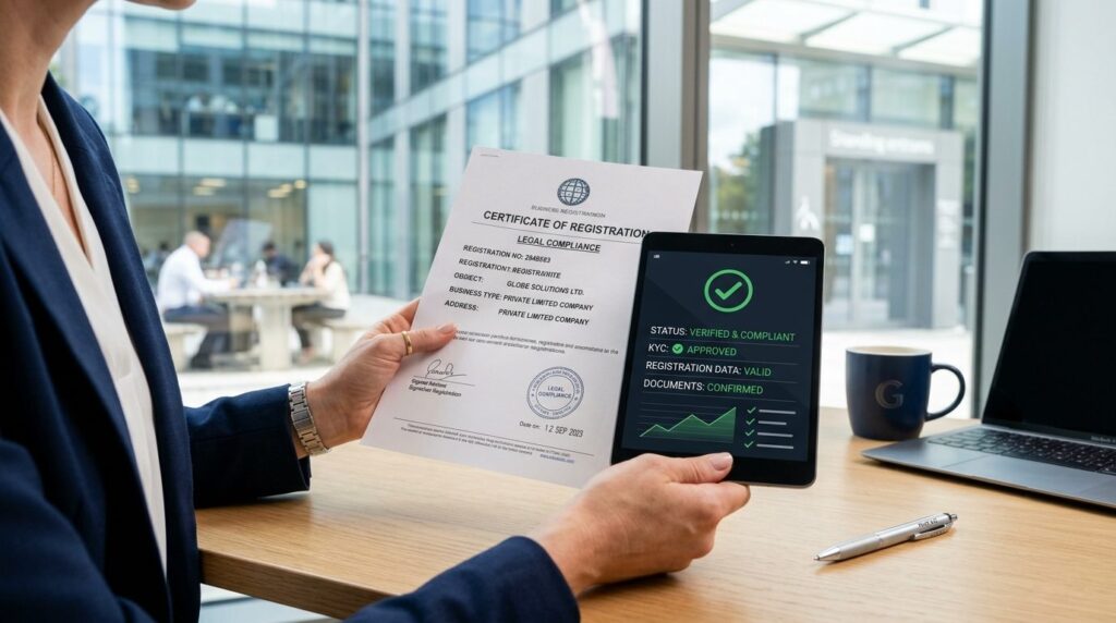 Close-up of a professionals hands holding a business regist