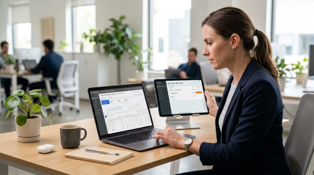 Business professional reviewing digital marketing metrics on