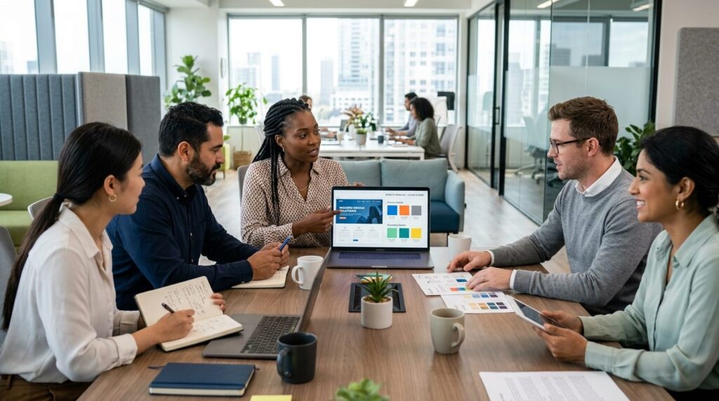 Diverse marketing team in collaborative meeting around a con